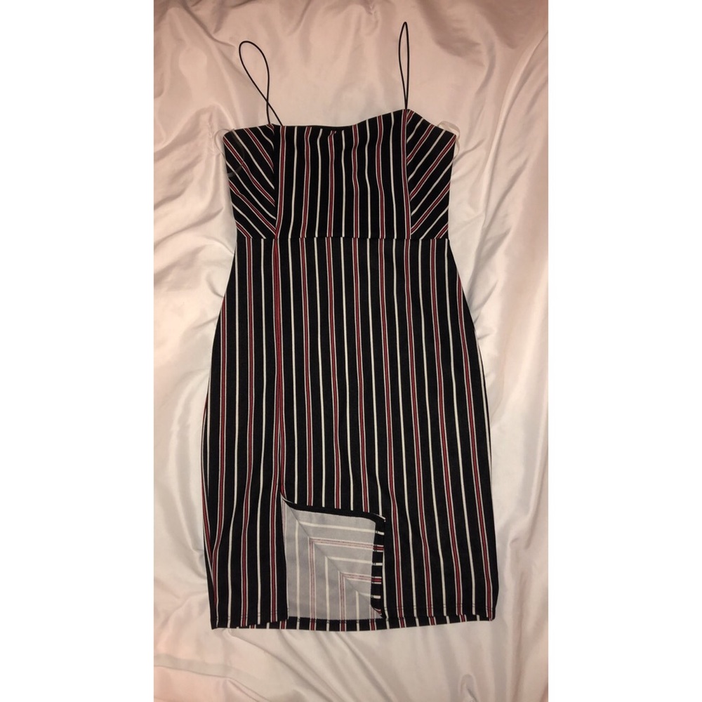 Striped dress with small slit on bottom right.